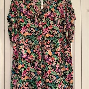 Floral V-Neck Short Sleeve Tunic - Multicolor